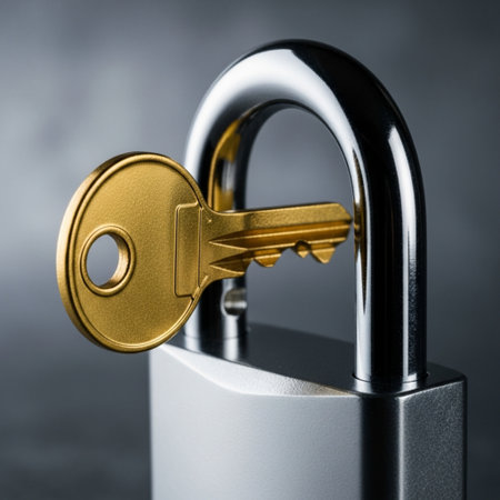 Padlock with golden key on a dark background. 3d illustrationの素材
