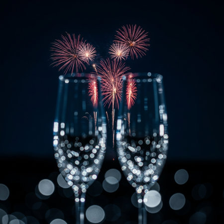 Glasses with champagne and fireworks on the background of the night skyの素材