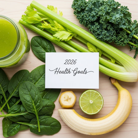 Top view of fresh green vegetables and smoothie on wooden background with copy spaceの素材
