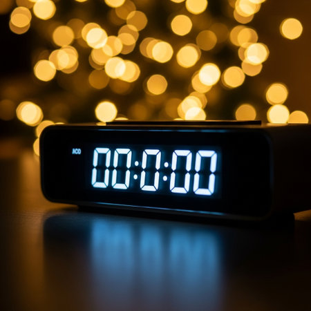 Digital alarm clock with bokeh lights. New Year and Christmas concept.の素材