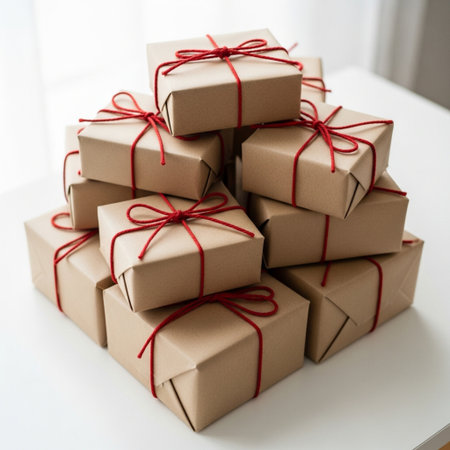 Gift boxes wrapped in brown craft paper and tied with red ribbonの素材