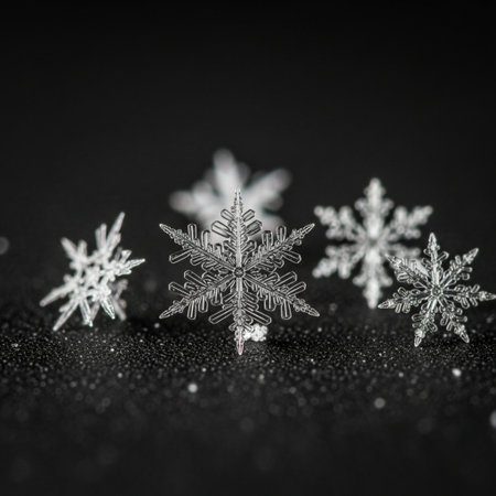 Two snowflakes on a black background. Shallow depth of field.の素材