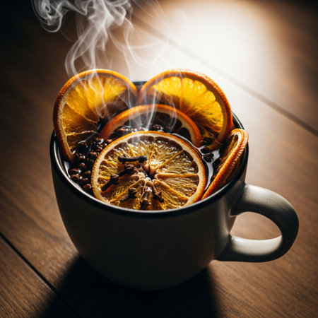 Cup of hot mulled wine with spices and orange slices on wooden tableの素材