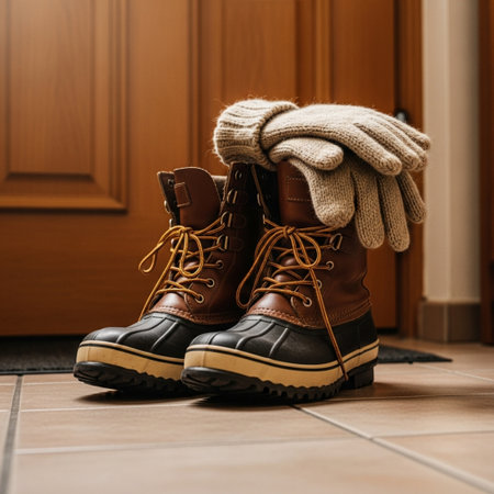 Pair of winter boots with woolen gloves on the floor.の素材
