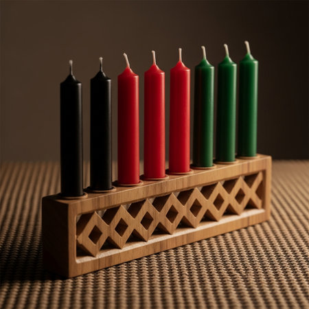 Wooden candlestick with red, green, and black candlesの素材