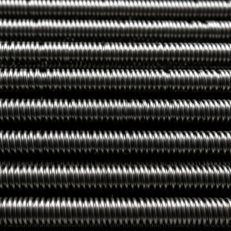 Close-up of a group of steel screws in black background.の素材