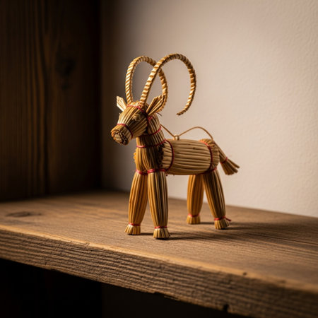 wooden toy goat on a shelf in a room with a wooden wallの素材