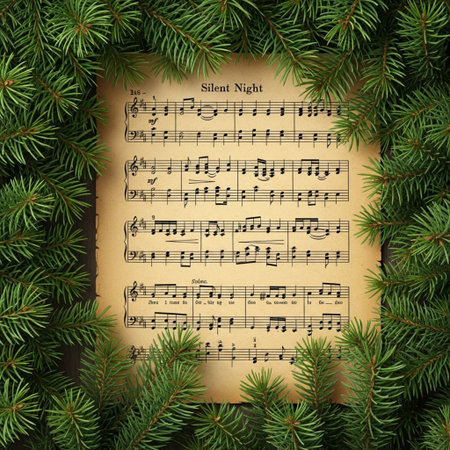 Christmas music sheet with fir tree branches on wooden background. Top view.の素材