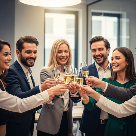 business, holidays, celebration and people concept - group of smiling businesspeople clinking glasses with champagne at officeの素材