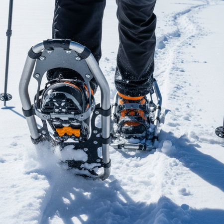 Hiker with snowshoes and trekking poles in the snowの素材