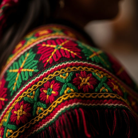 Detail of a woman wearing a colorful sweater in a market in Indiaの素材