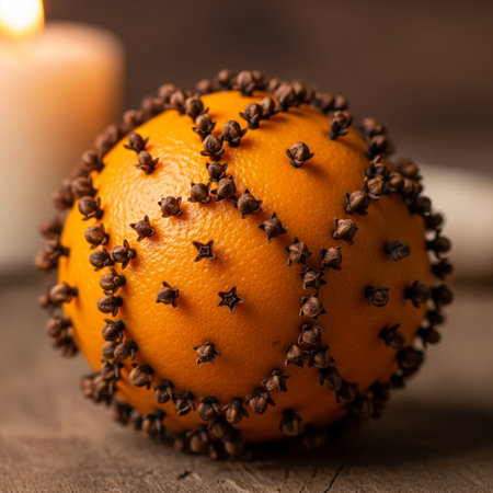 Orange with cloves and burning candle on wooden background. Christmas decoration.の素材