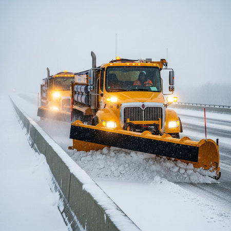 Snow plow on the road during a blizzard in the winterの素材