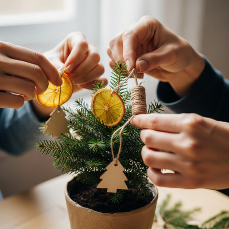 Closeup of female hands decorating christmas tree with dried orange slicesの素材