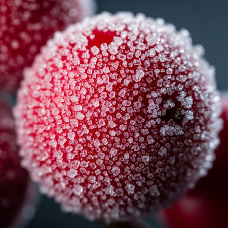 Frozen red berries of viburnum covered with hoarfrost. Macroの素材