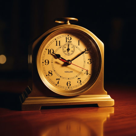 Retro alarm clock on wooden table. Shallow depth of field.の素材