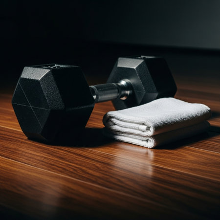 Dumbbells and towel on a wooden floor. Selective focus.の素材