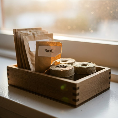 Wooden box with paper bags and coffee beans on the windowsillの素材