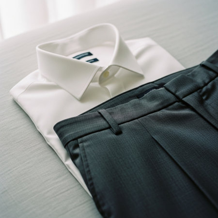 Closeup of a white shirt and black pants on the table.の素材