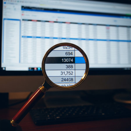 A magnifying glass on a computer screen shows the stock market.の素材