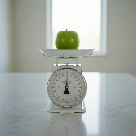 Green apple on a weight scale on a white table in a kitchenの素材
