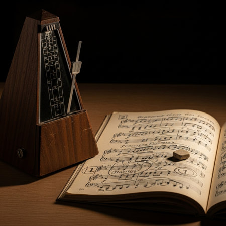 Metronome and book on a wooden table. Black background.の素材