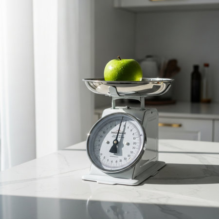 Kitchen scale with apple on white table in kitchen. Weight loss conceptの素材