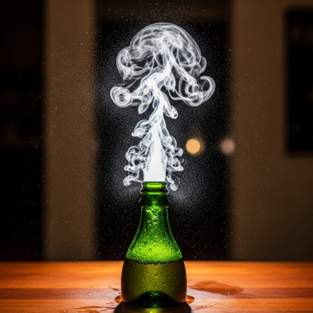 A bottle of beer with steam coming out of the glass on a wooden tableの素材