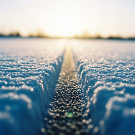 snow on the road in the winter with snowflakes.の素材