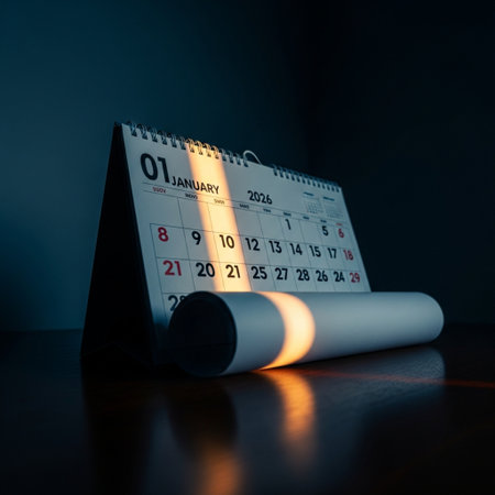 Calendar on wooden table with light from the end of the dayの素材