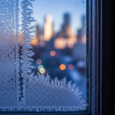 Frosty window with city lights in the background, winter conceptの素材