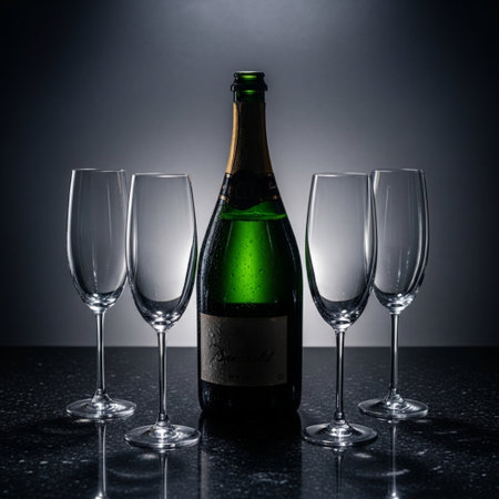 Bottle of champagne and empty wine glasses on a dark background.の素材