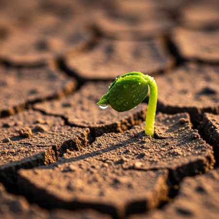 Green seedling growing from cracked earth. Concept of climate change.の素材