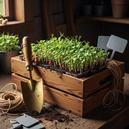 Small seedlings in a wooden box on a wooden table with gardening toolsの素材