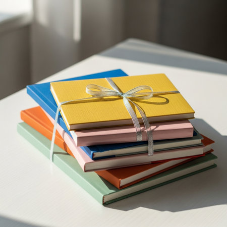 Stack of colorful books tied with a gold ribbon on a white tableの素材