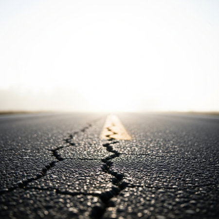Close up of asphalt road with cracks in the middle, selective focusの素材