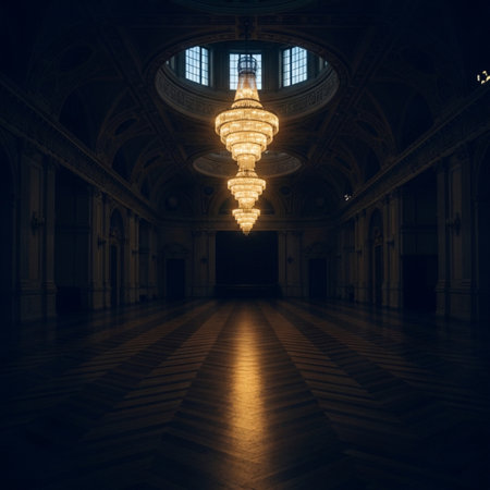 3D rendering of a hall with a chandelier in the centerの素材