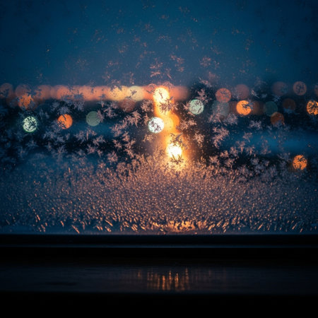 Blurred view of frozen window with bokeh lights at nightの素材