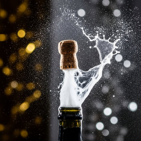 Champagne cork splash with bokeh background, celebration concept.の素材