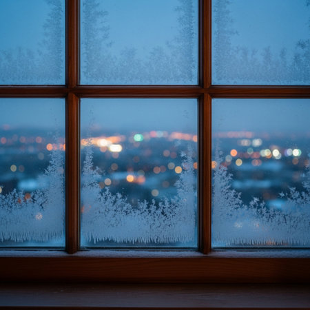 Beautiful winter night city view from the window. Blurred background.の素材