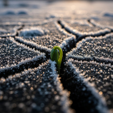 Green sprout growing through the snow on the sun's rays.の素材