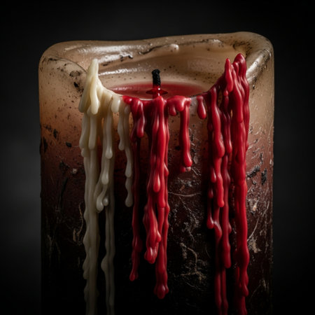 Candle with blood on a dark background. Selective focus.の素材