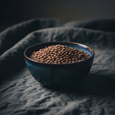 Bowl of lentils on a dark background. Selective focus.の素材