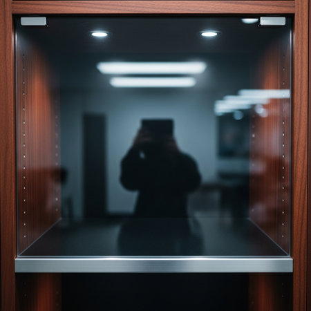 Blurred silhouette of a man using a mobile phone in a modern officeの素材