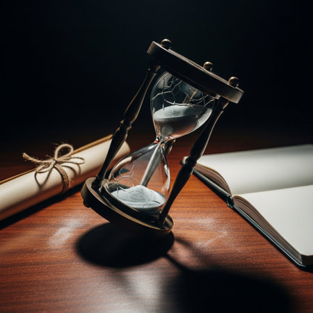 Hourglass and notebook on a wooden table. Time management concept.の素材