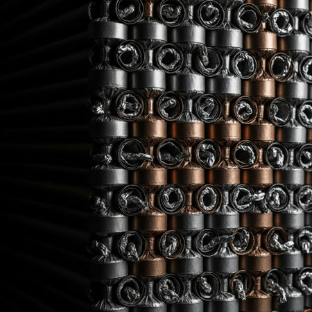 Close-up of a pile of metal pipes in a warehouse.の素材