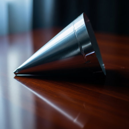Metal cone on a wooden table. Shallow depth of field.の素材