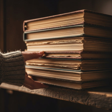 Female hands holding a stack of old books on a wooden shelf.の素材