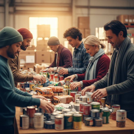 Group of young people in a warehouse are shopping for canned food.の素材