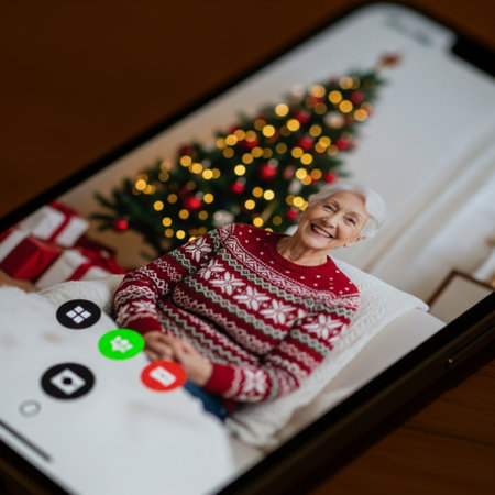 happy senior woman with smartphone and christmas tree on screen at homeの素材